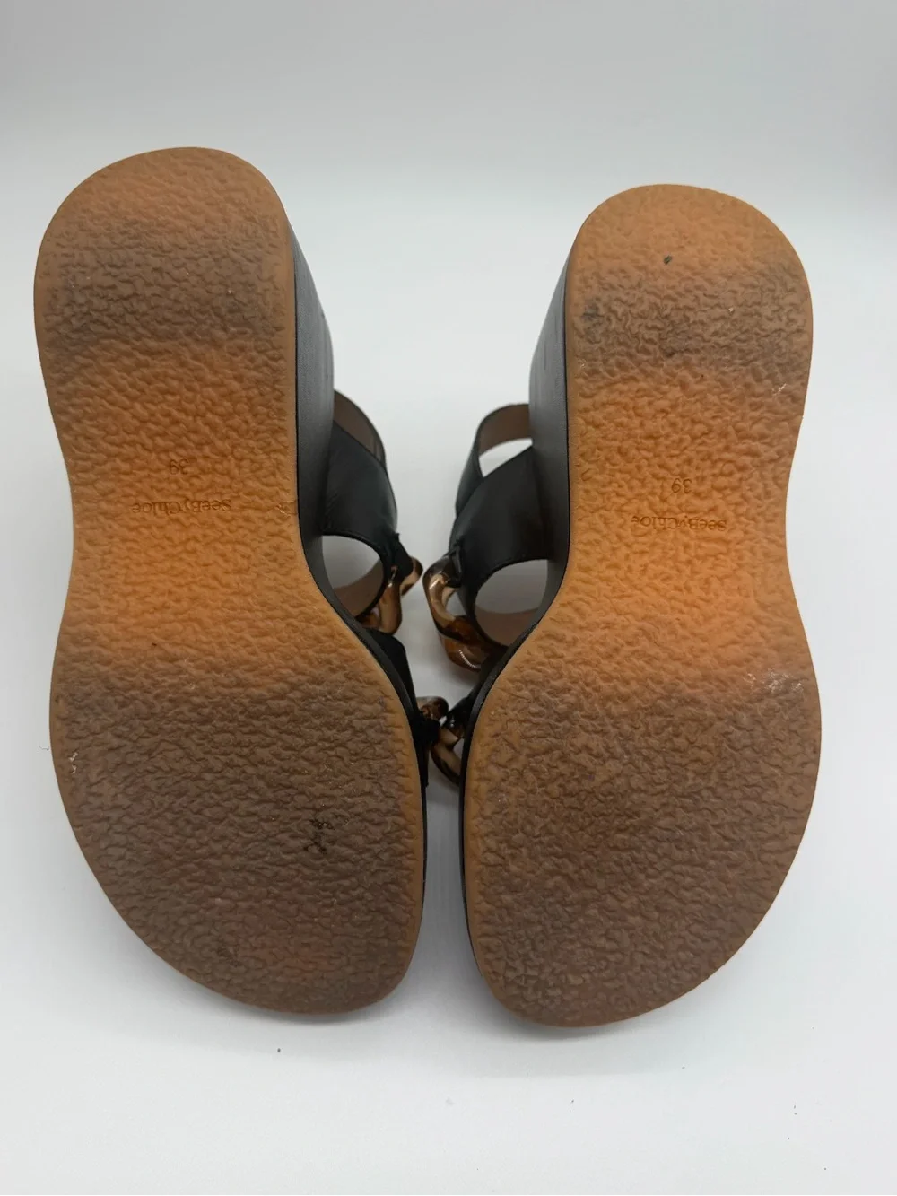 See by Chloé Black Platform Sandals with Tortoiseshell Chain Sz 39 EU 8 US